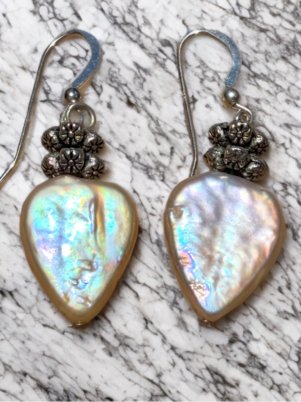 Iridescent Baroque Pearl Heart Drop Earrings - Silver Floral Accents